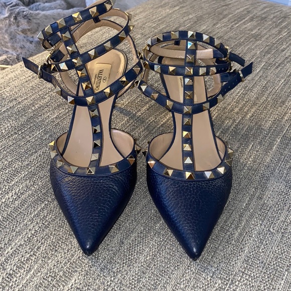 Valentino Garavani Shoes - Valentino Garavani Navy Leather Rockstud T-Strap Pointed-Toe Heels